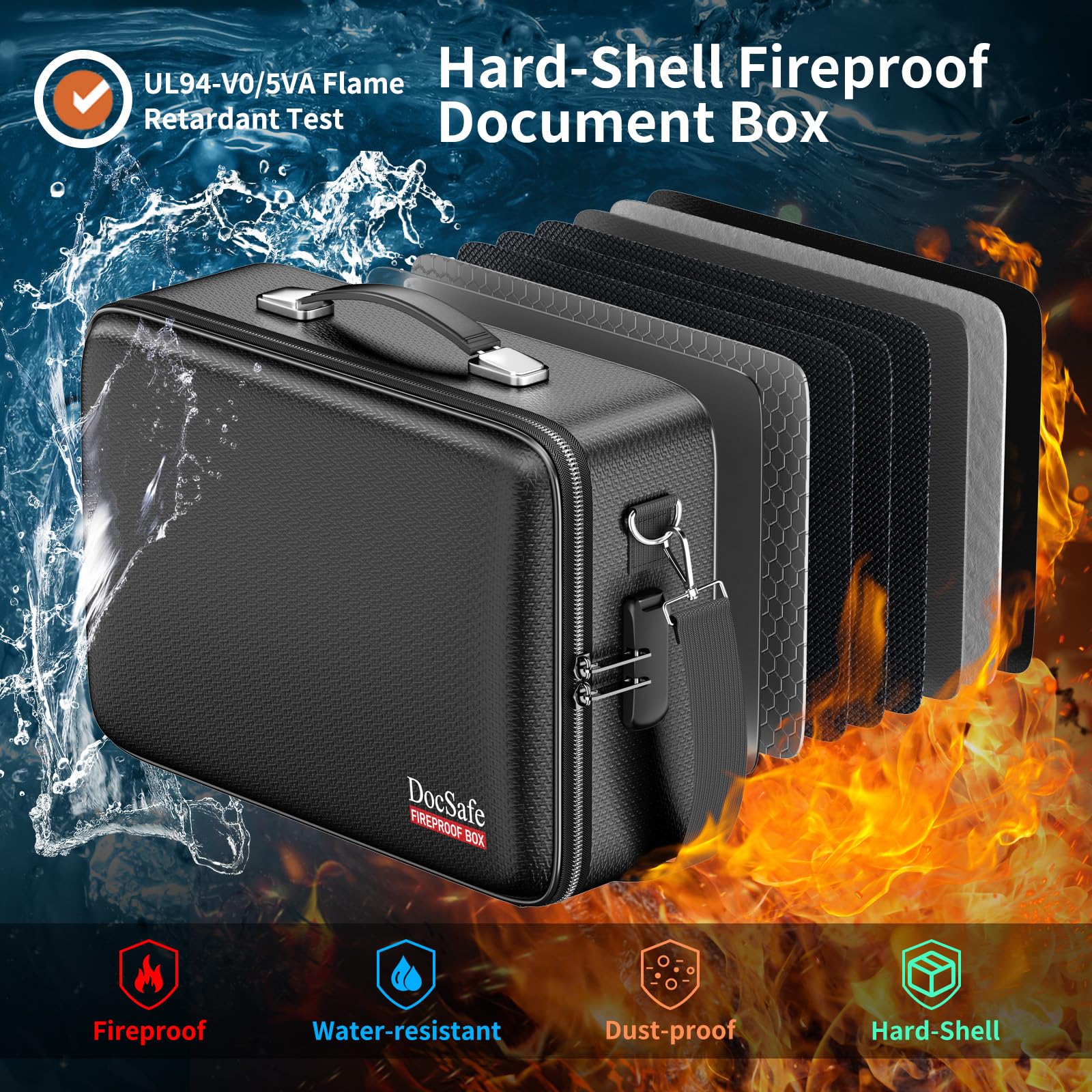 DocSafe Fireproof Document Box Hard Case with Lock ＆ Accordion File Folder