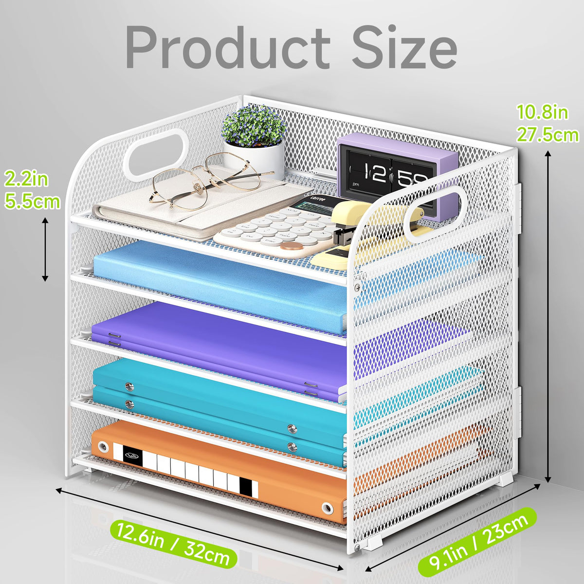 Cawukege 5 Tier Paper Organizer with Handle, White Metal Mesh Desk Organizer File Folder Paper