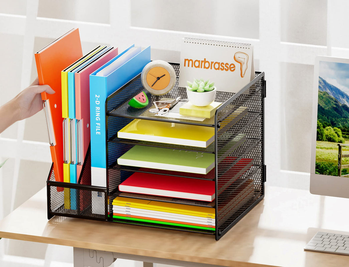 Marbrasse Desk Organizer with File Holder, 5-Tier Paper Letter Tray Organizer, Mesh Desk Organizers