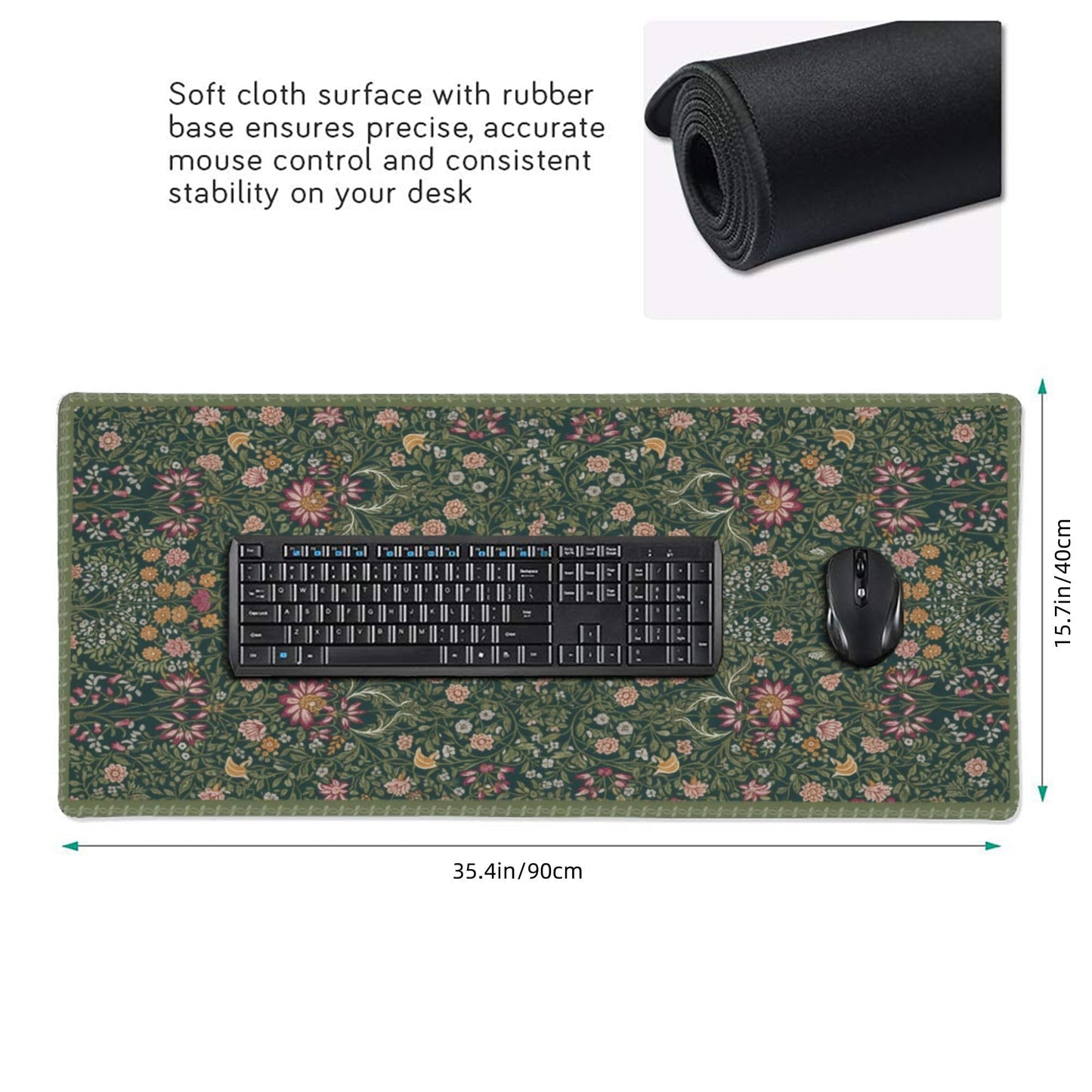 Dark Green Floral XXL Desk Mat, Extra Large Mouse Pad with Anti-Slip Base & Stitched Edges for