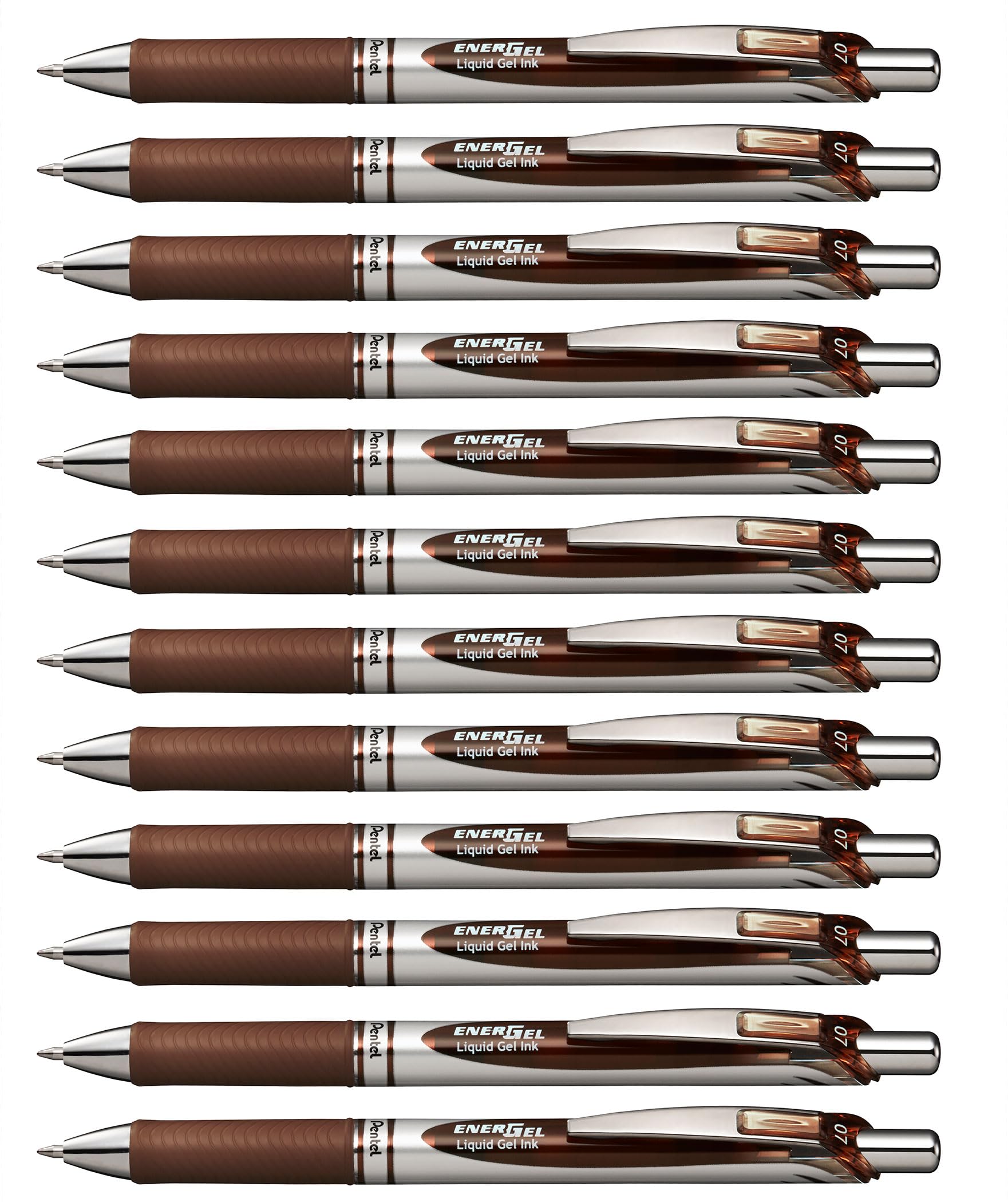 Pentel EnerGel RTX Retractable Liquid Gel Pen, (0.7mm) Metal Tip, Medium Line, Brown Ink, Box of 12