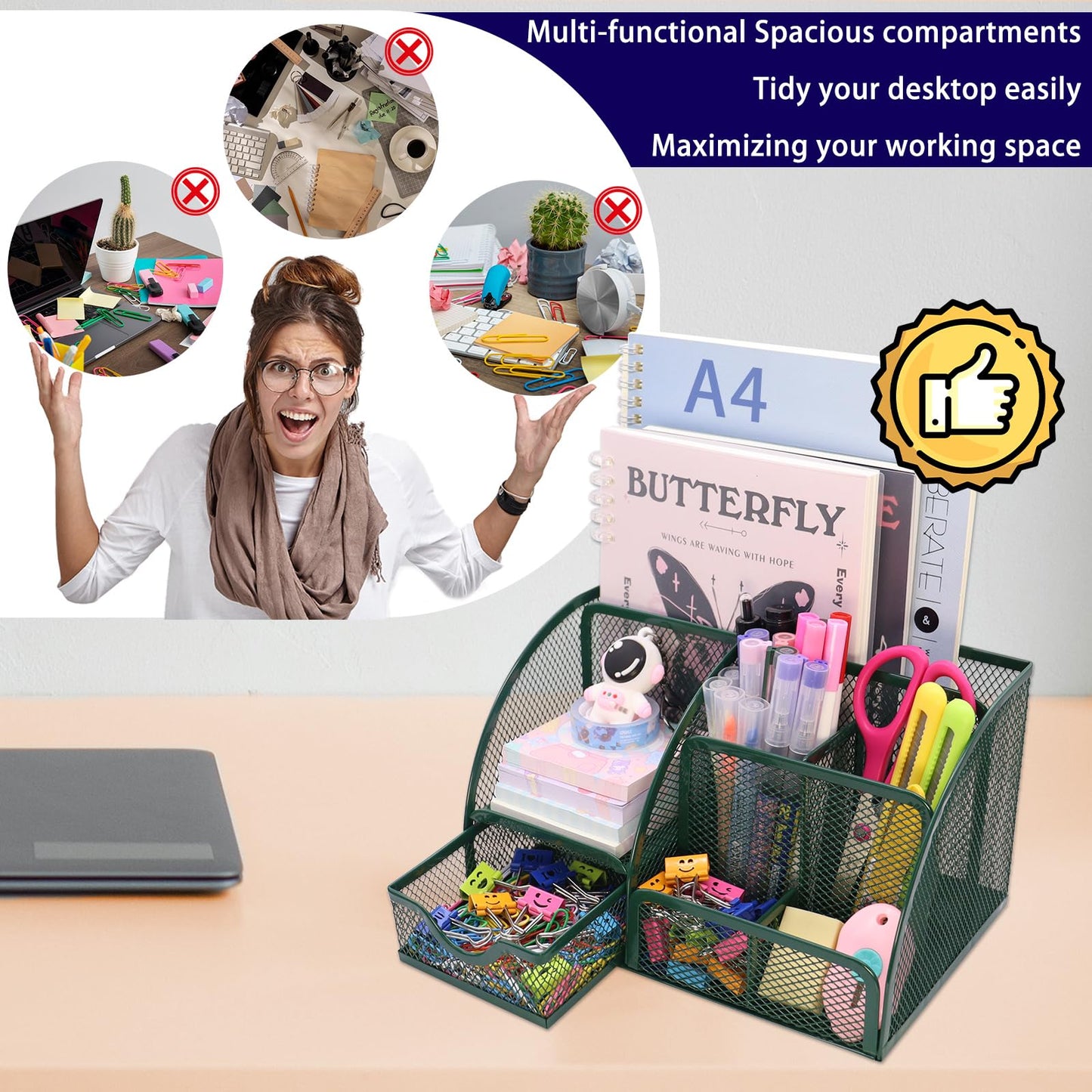 Boutilon Mesh Desk Organizer Desktop Office Supplies Stationary Organizer with 6 Compartments and 1