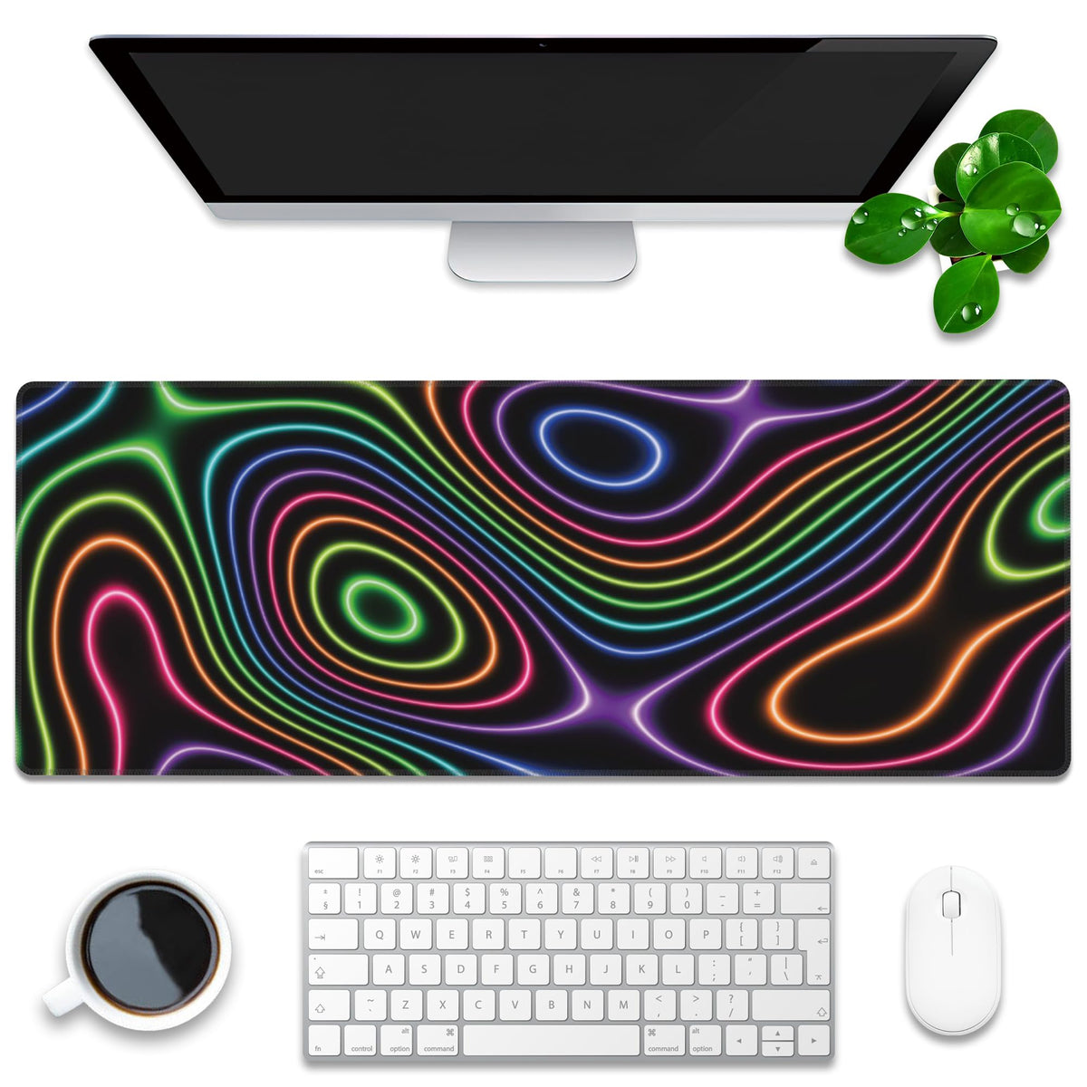 Desk Mat, Colorful Neon Topographic Contour Map Extended Gaming Mouse Pad Large, 31.5"x11.8" Big