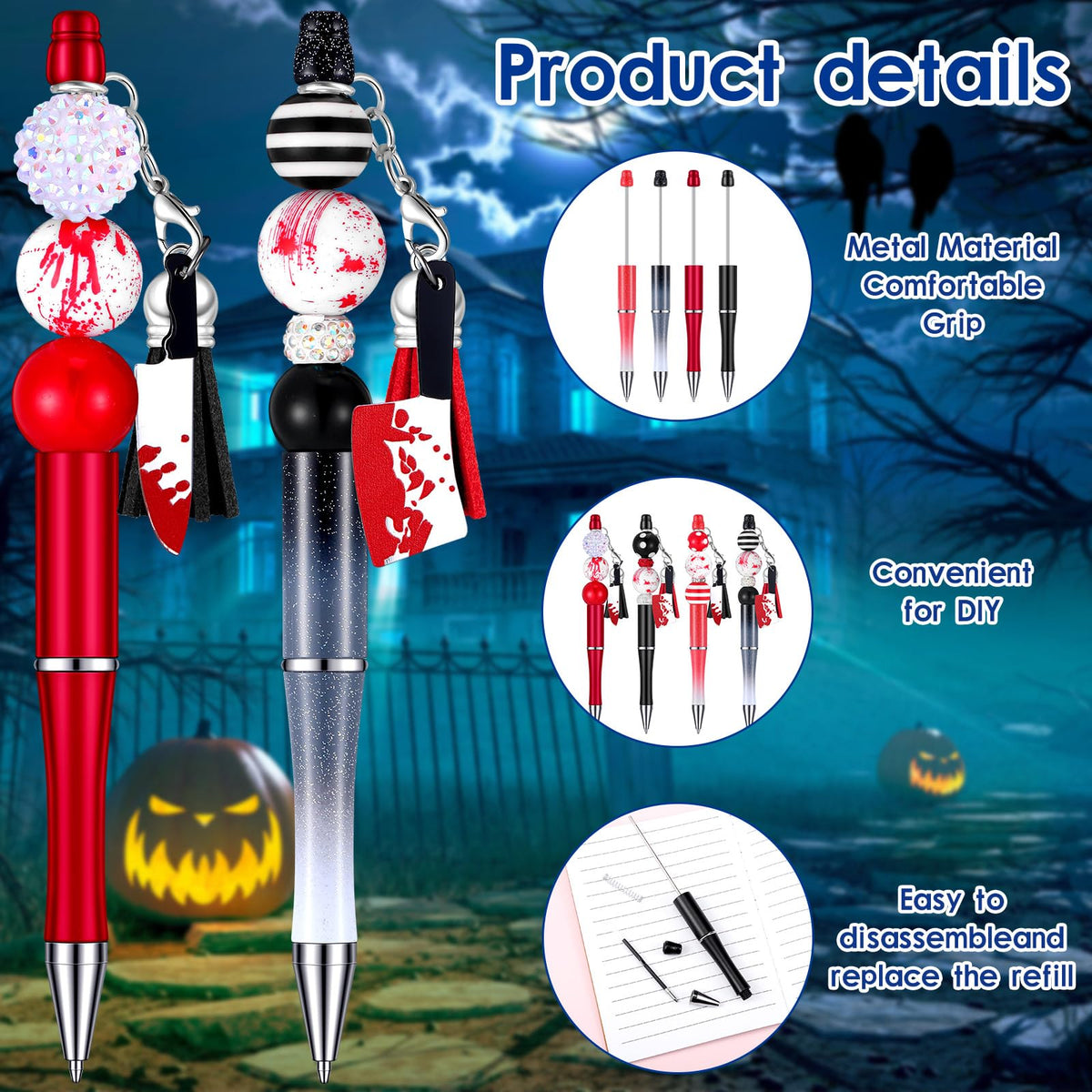 Teling 12 Sets Halloween Horrible Beadable Pens with Focal Silicone Beads