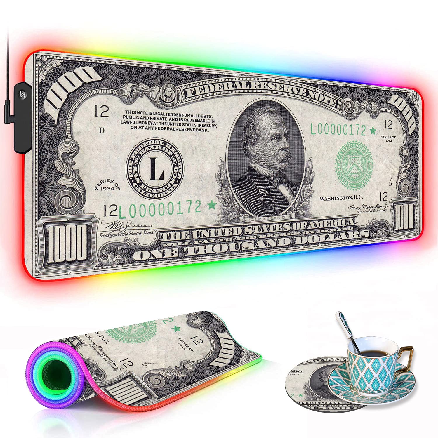 RGB Gaming Mouse Pad with Coffee Coaster, XXL Large Glowing LED Mousepad, Anti-Slip Rubber Base