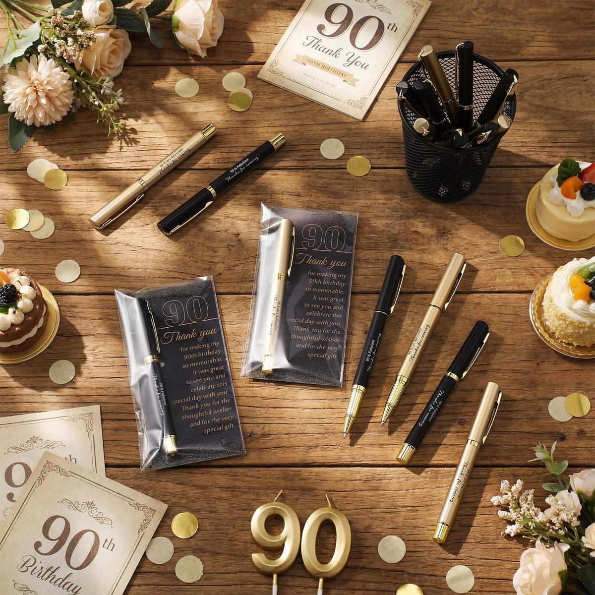 Feifeiya 50 Set 90th Birthday Favors with Black Gold Pens Cards