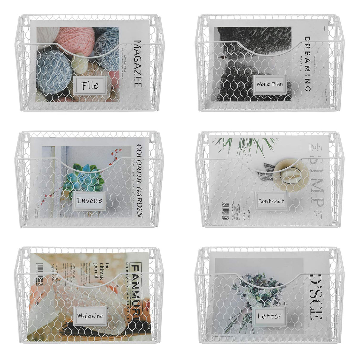 PAG-Mass 6 Pockets Hanging File Holder Wall Mount Mail Organizer Metal Chicken Wire Magazine Rack