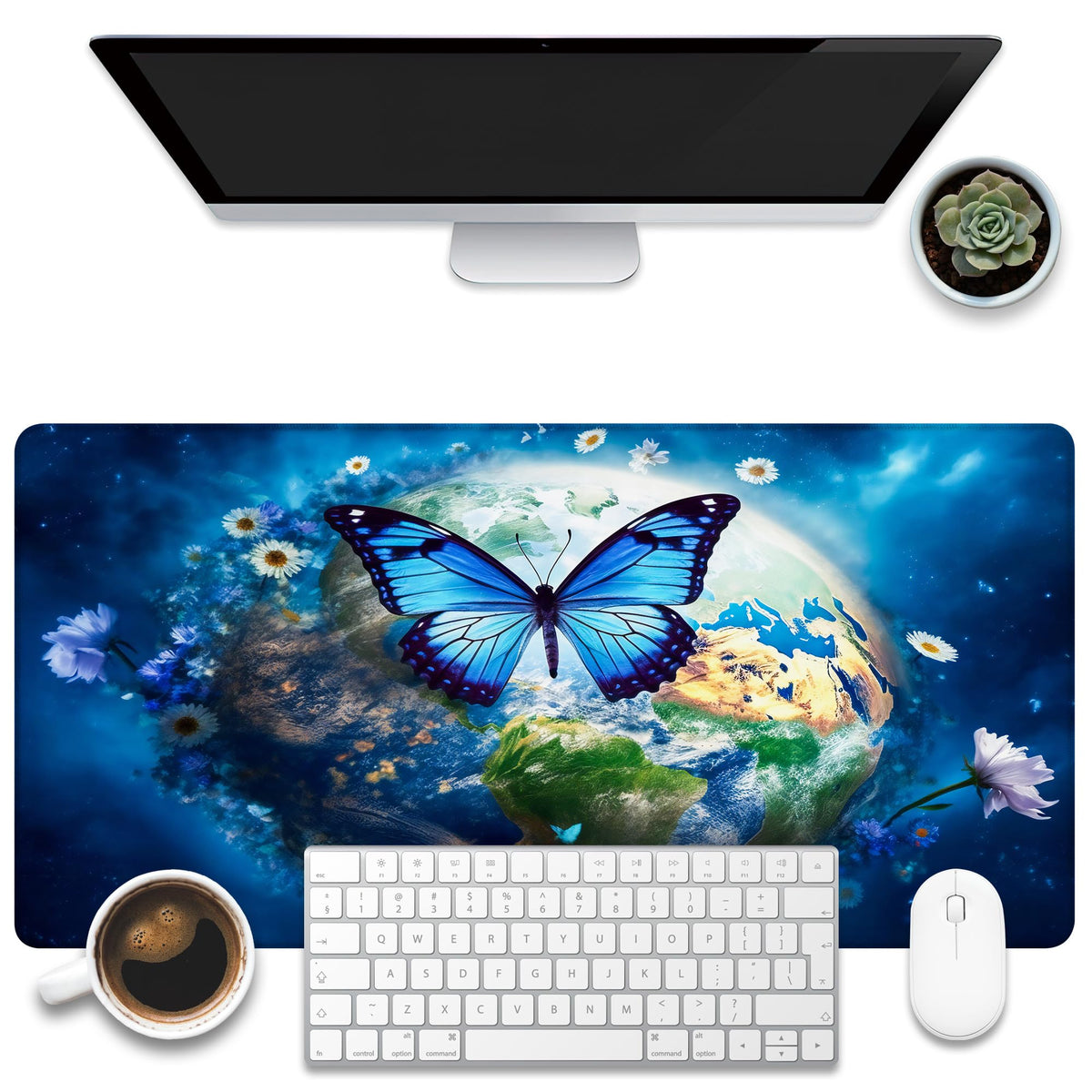 KOAIWPAE Desk Mat, Earth Surrounded by Flowers Desk Pad, Blue Butterfly Large Gaming Mouse Pad