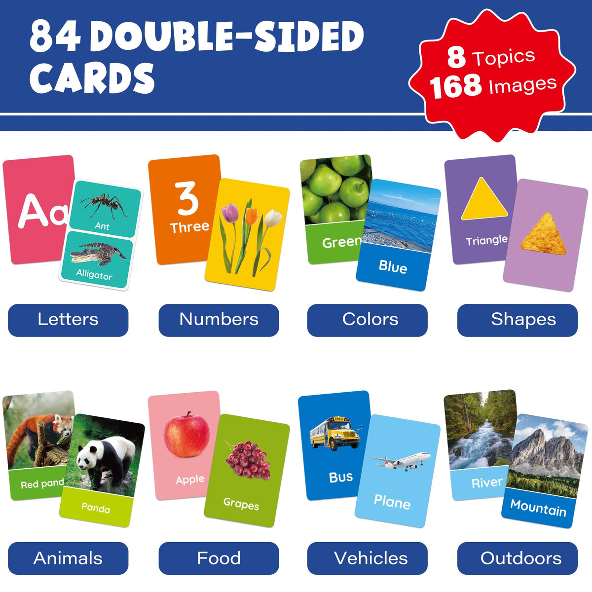 BenBen Flash Cards for Toddlers 1-3, Rip Proof & Waterproof, 84 Double-Sided Educational