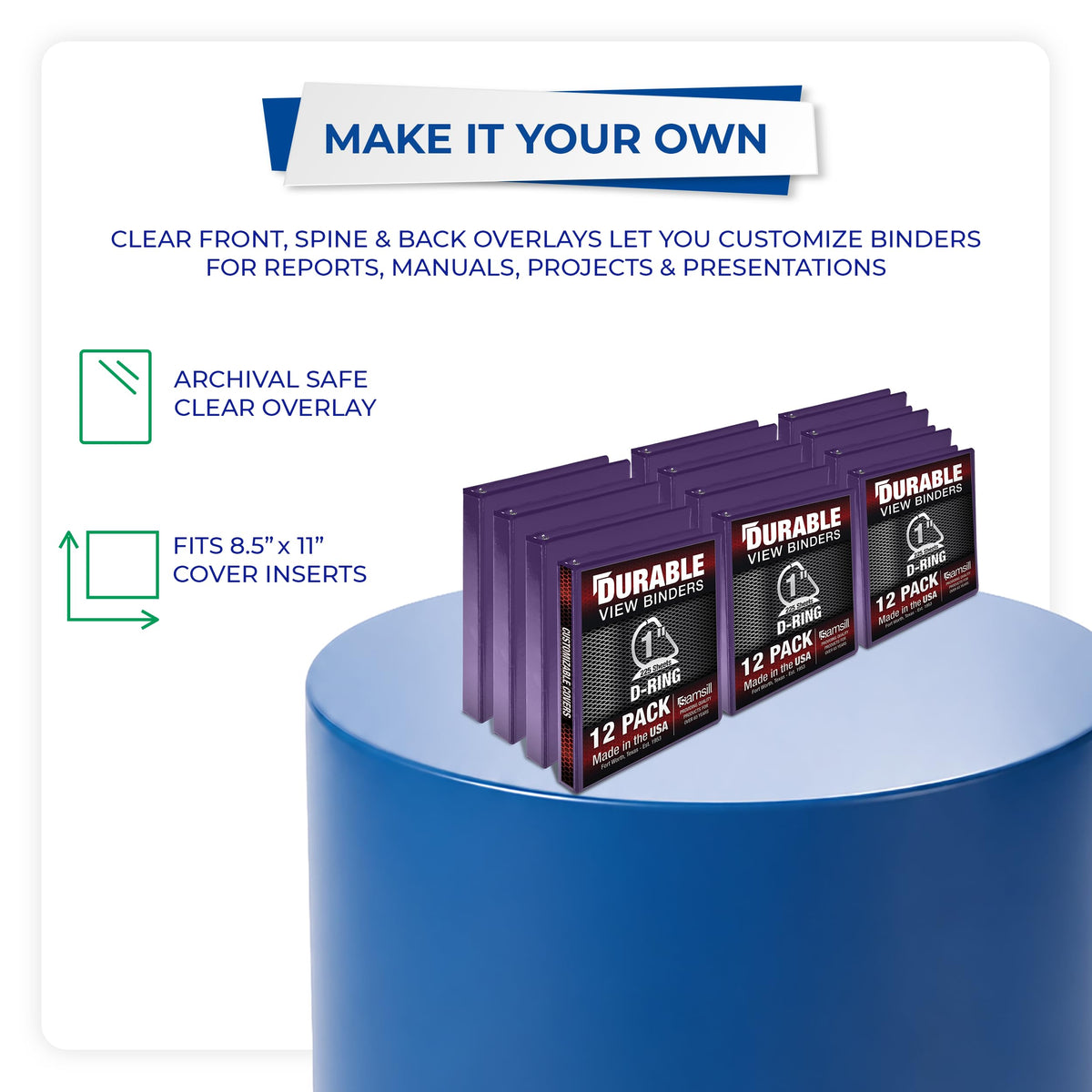 Samsill Durable 1 inch 3 Ring Binder, D Ring Binder, 100% Recycled Chipboard, Purple, 12 Pack