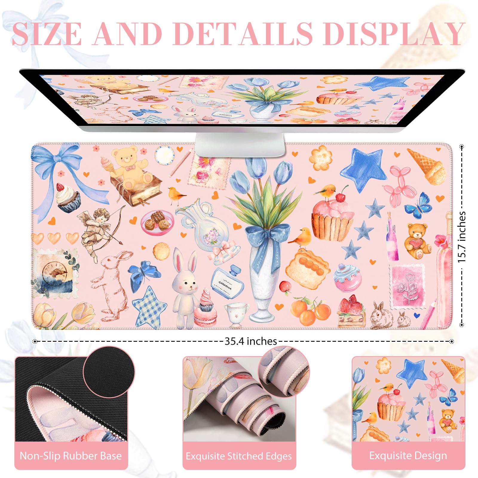 iCasso Pink Desk Mat, Cute Mouse Pad Decor, 35.4 x 15.7in Office Decor