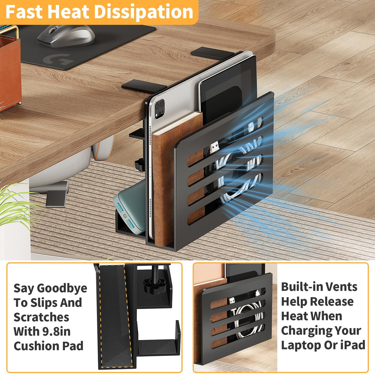 ROLIZOE Space Saving Desk Side Storage No Drilling Under Desk Laptop Holder with Headphone Holder