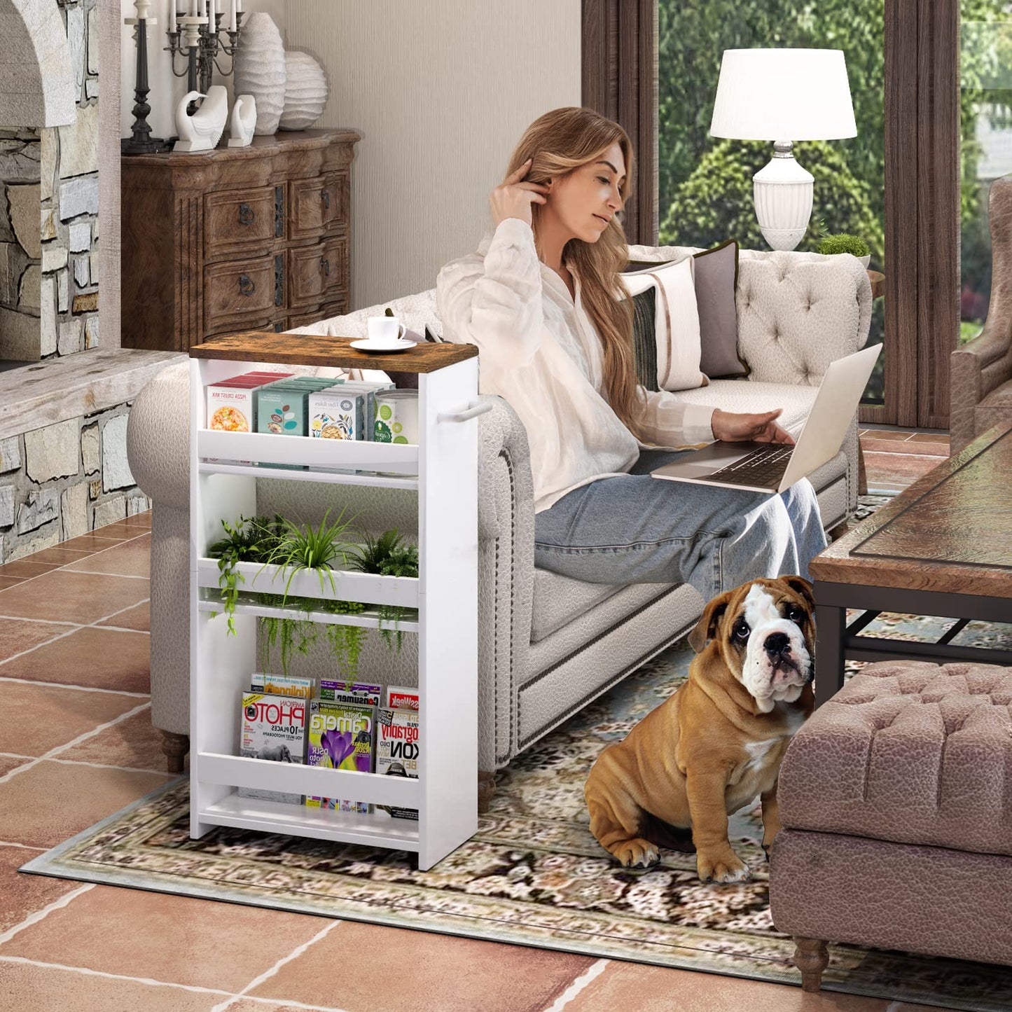 TEAMIX Slim Rolling Storage Cart, Wood 4-Tier Narrow Kitchen/Laundry Cart
