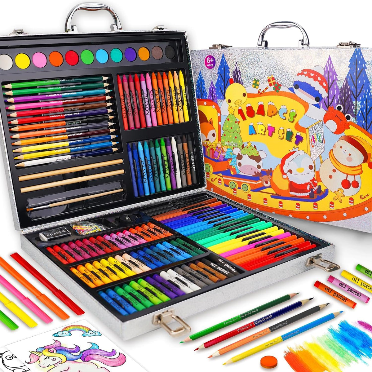 Okiki 184Pcs Silver Kids Drawing Kit, Art Set with Sketch Paper Beginners