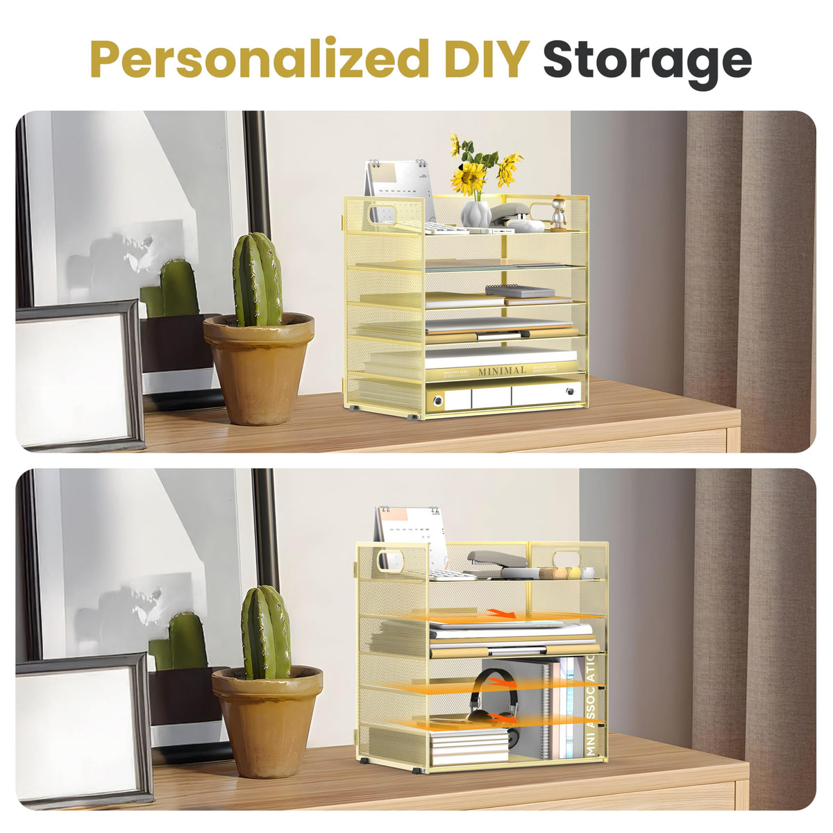 Daltack 6-Tier Paper Organizer for Desk with Handle, Gold, 2 Pack