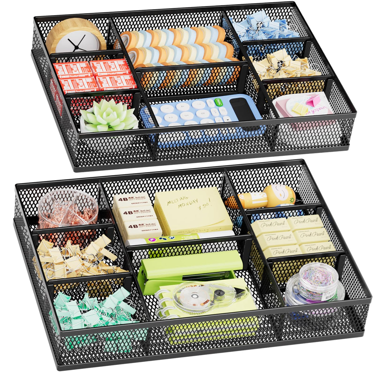 Marbrasse 2 Pack Desk Drawer Organizer, Mesh Drawer Organizer Tray with 8 Adjustable Compartments
