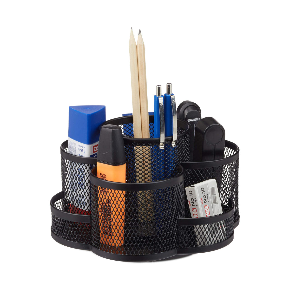 Relaxdays Pencil Holder, Metal Mesh, 7 Compartments, Rotatable, Round Desk Organizer, 11 x 17.5 x