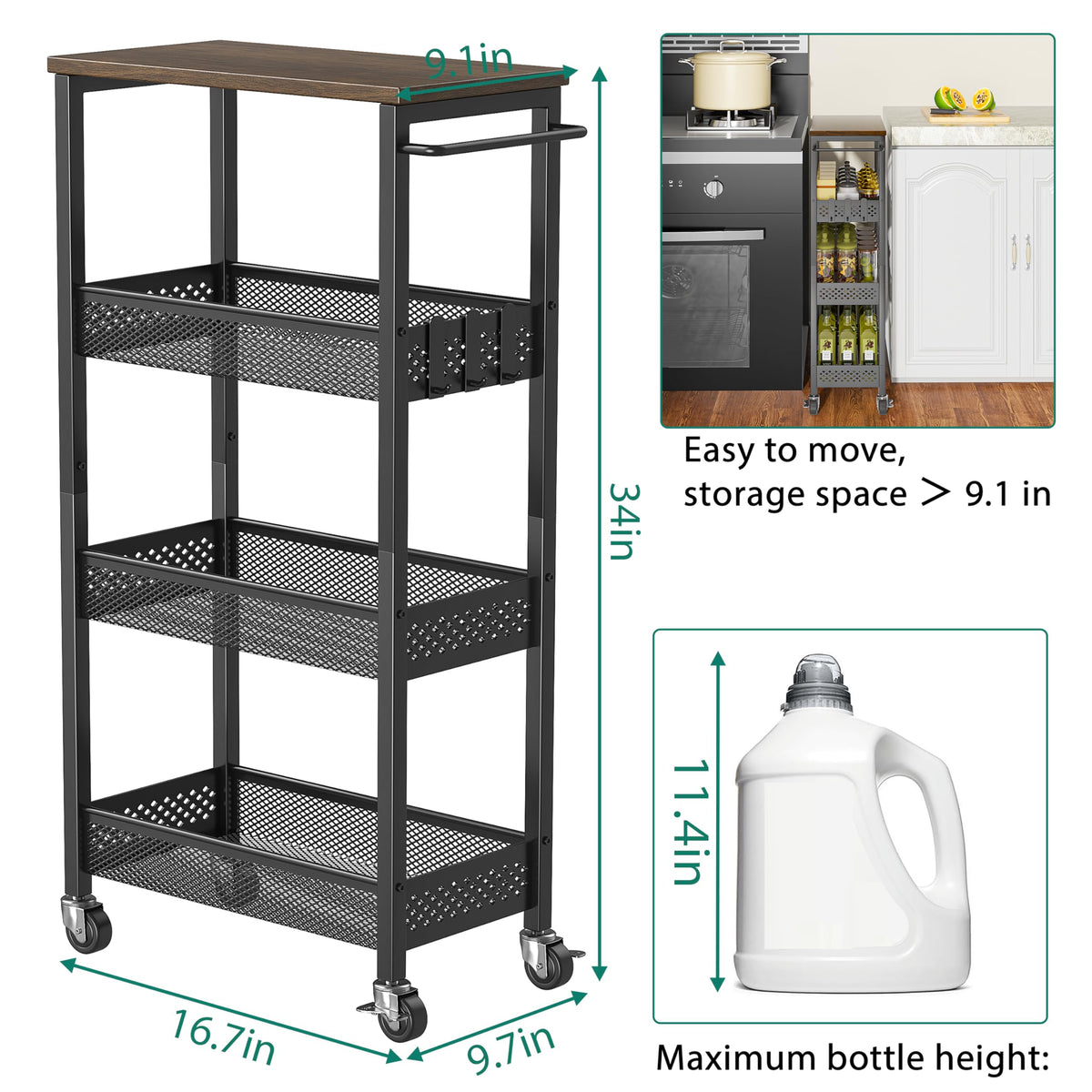 XYZLVSI Slim Rolling Storage Cart, 4 Tier Small Bathroom Cart Organizer