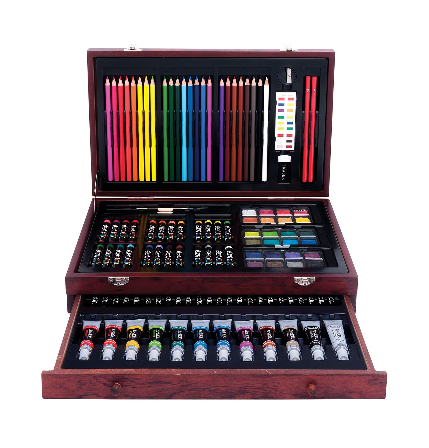 Art 101 USA Deluxe Art Set with 119 Pieces in a Wood Organizer Case, Includes Color Pencils