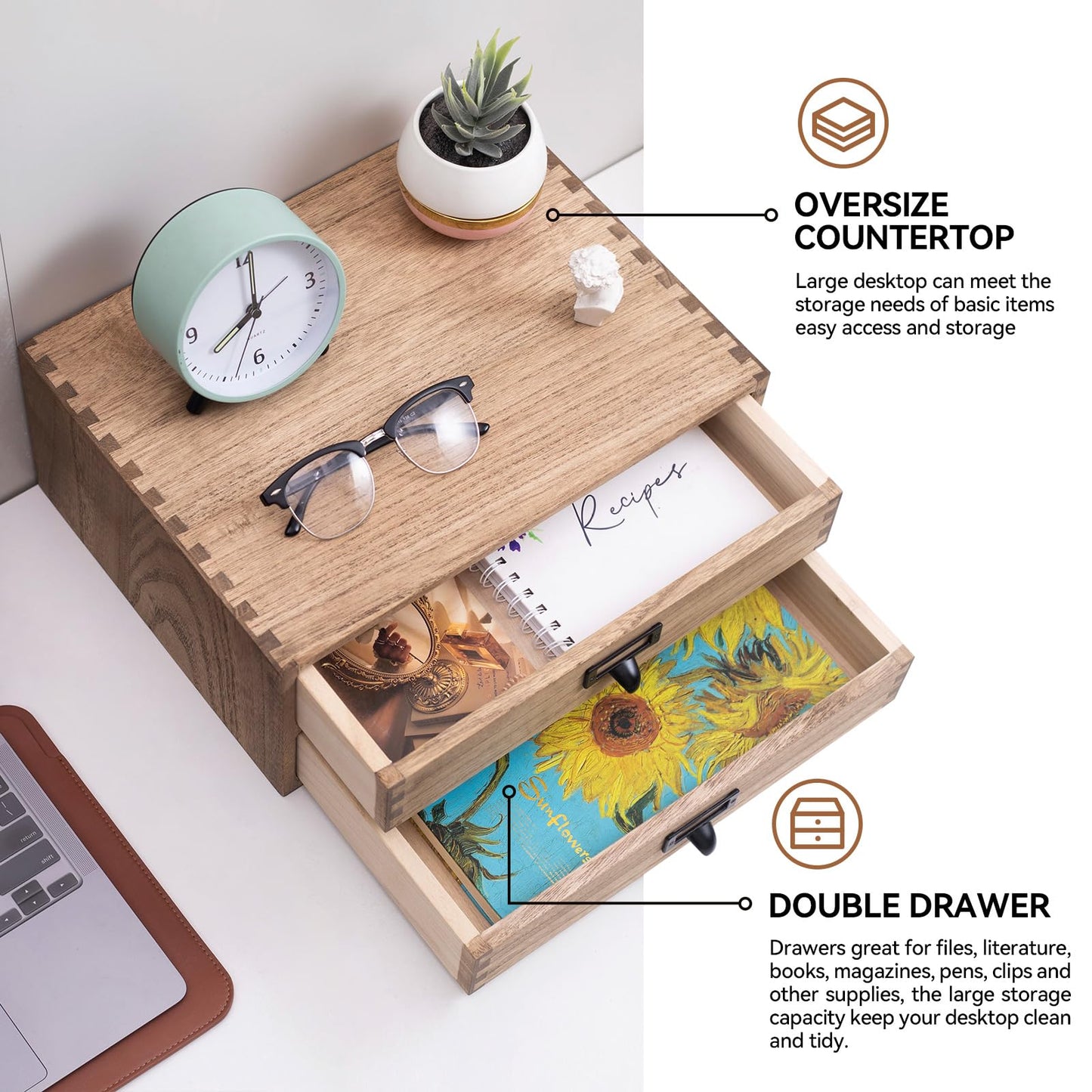 KIRIGEN Solid Wood Desk Organizer with 2 Drawers, Desktop Storage, Brown