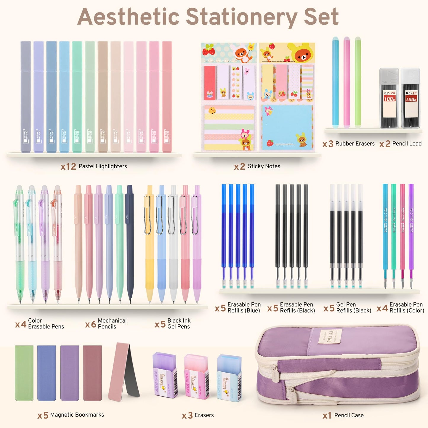 DazSpirit 62PCS Aesthetic Stationery Set with Foldable Pencil Case, Purple