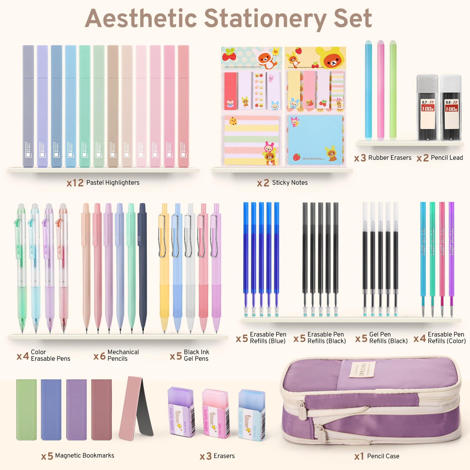 DazSpirit 62PCS Aesthetic Stationery Set with Foldable Pencil Case, Purple