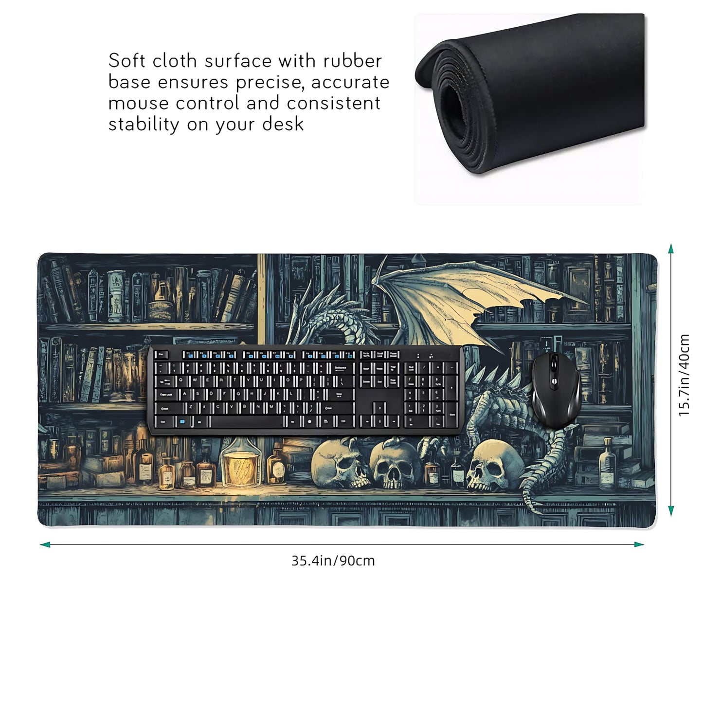 Aesthetic Dragon Gaming Mouse Pad, Deep Teal Gothic Desk Mat with Anti-Slip Base & Stitched Edges