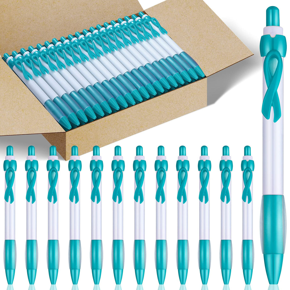 Yexiya 100 Pcs Ovarian Cancer Awareness Pen Teal Ribbon Pen Bulk, Black Ink