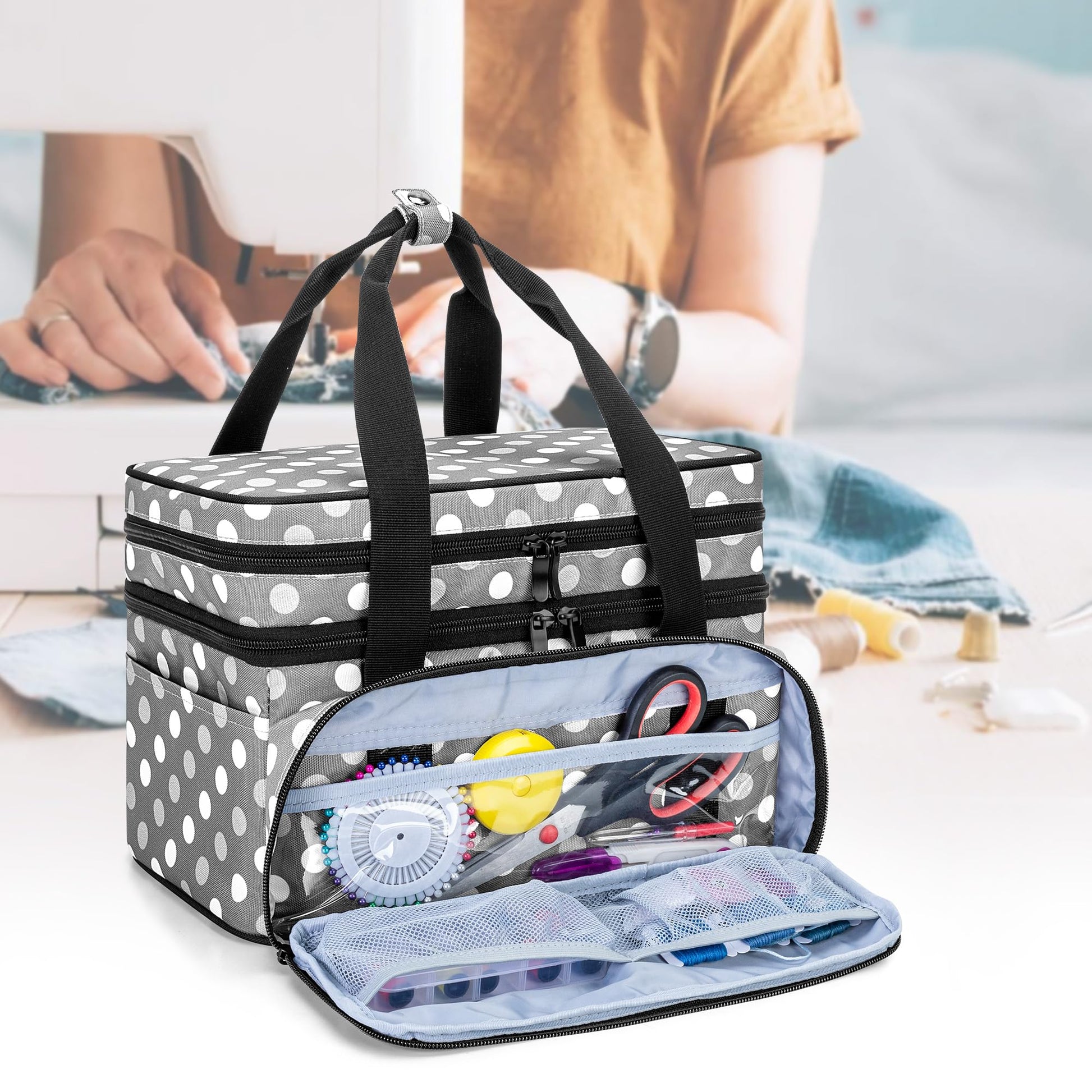 BAFASO Double Layer Sewing Accessories Organizer, Polka Dots
