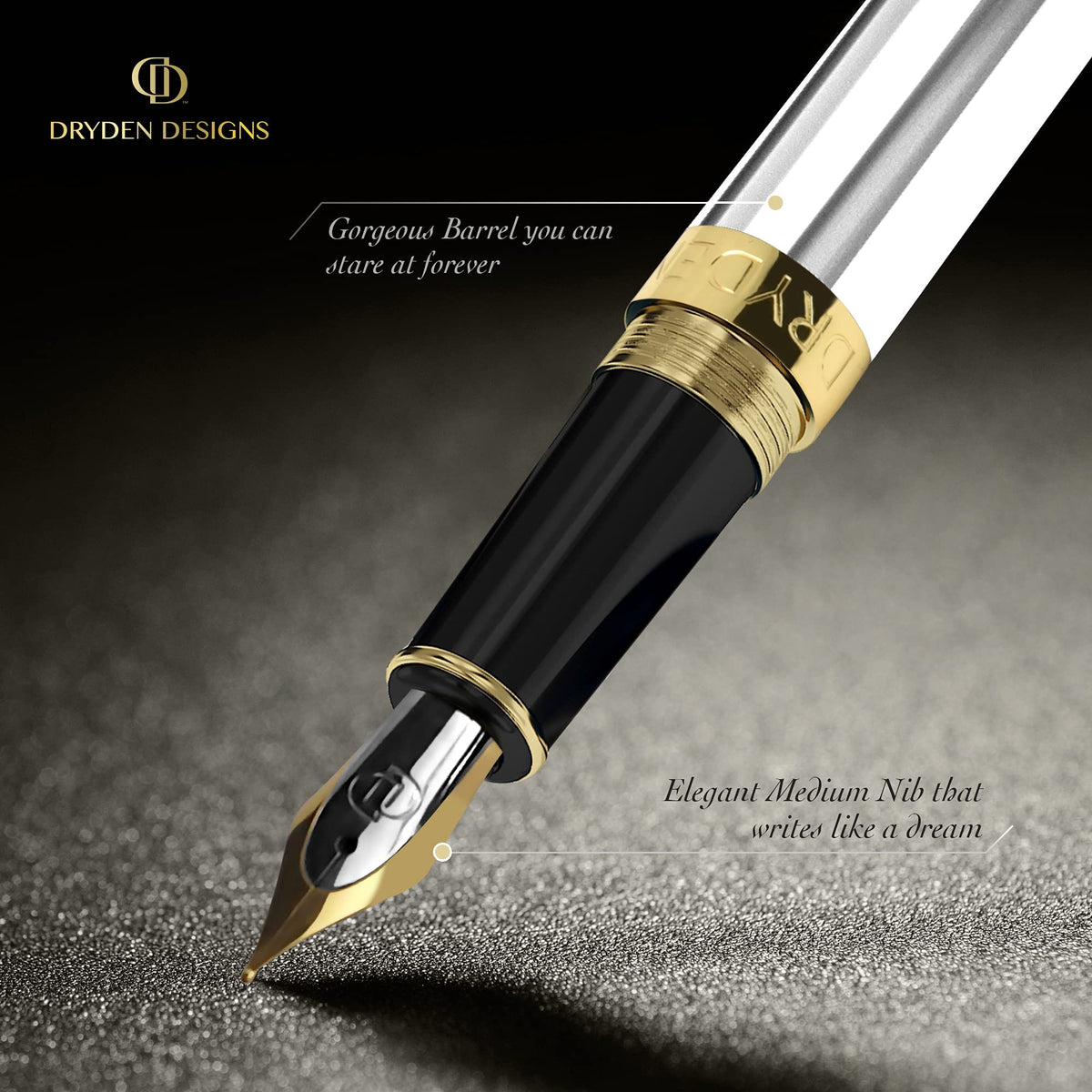Dryden Designs Fountain Pen. Medium Nib Premium Box | 6 Ink Cartridges Included (Pearl White)