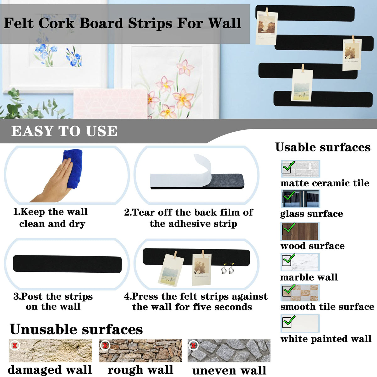 YOUDEFUL 8Pcs Bulletin Board Strip, Felt Cork Board with 50 Pushpins