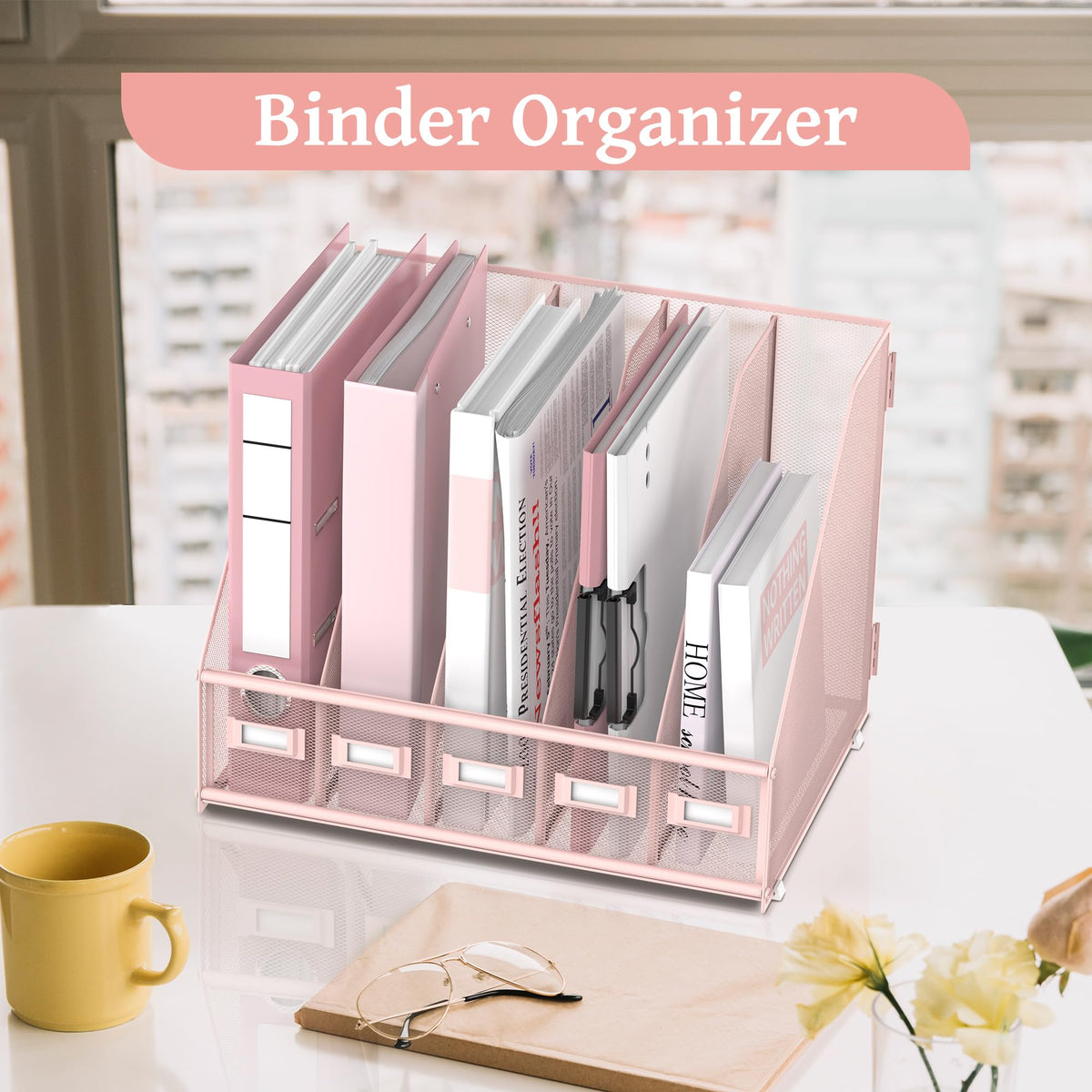 SUPEASY Desk Organizers Metal Desk Magazine File Holder with 5 Vertical Compartments Rack File