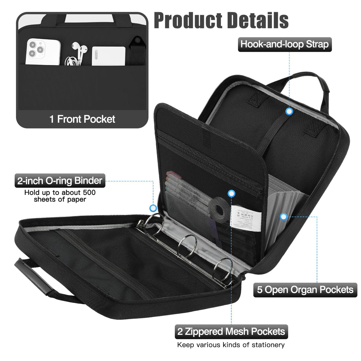 MoKo Zipper Binder, 2 Inch 3 O Ring, 5 Tab File Folders, 500 Sheets, Black