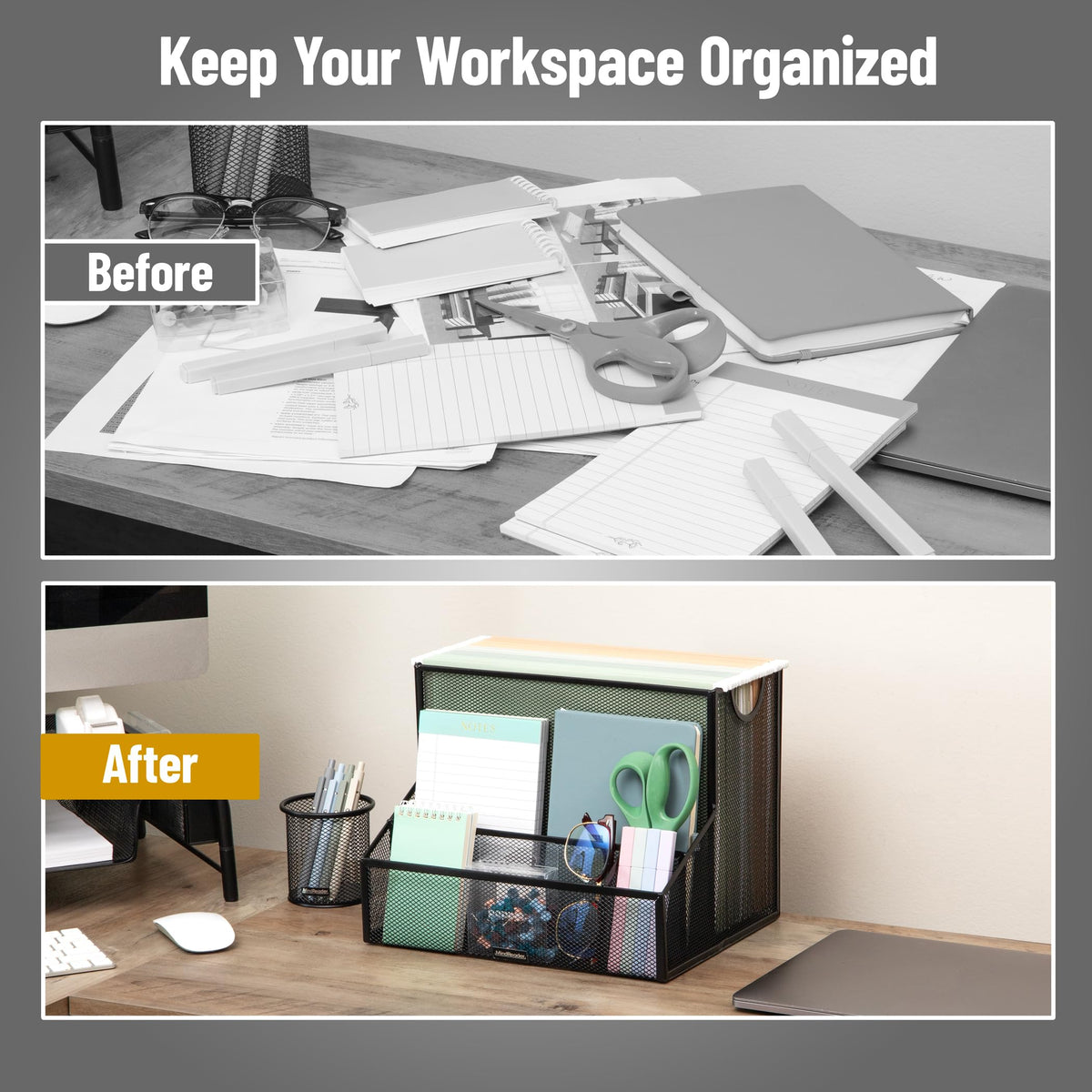 Mind Reader Desktop Organizer with Hanging File Storage, 4 Compartment Letter Size File Holder