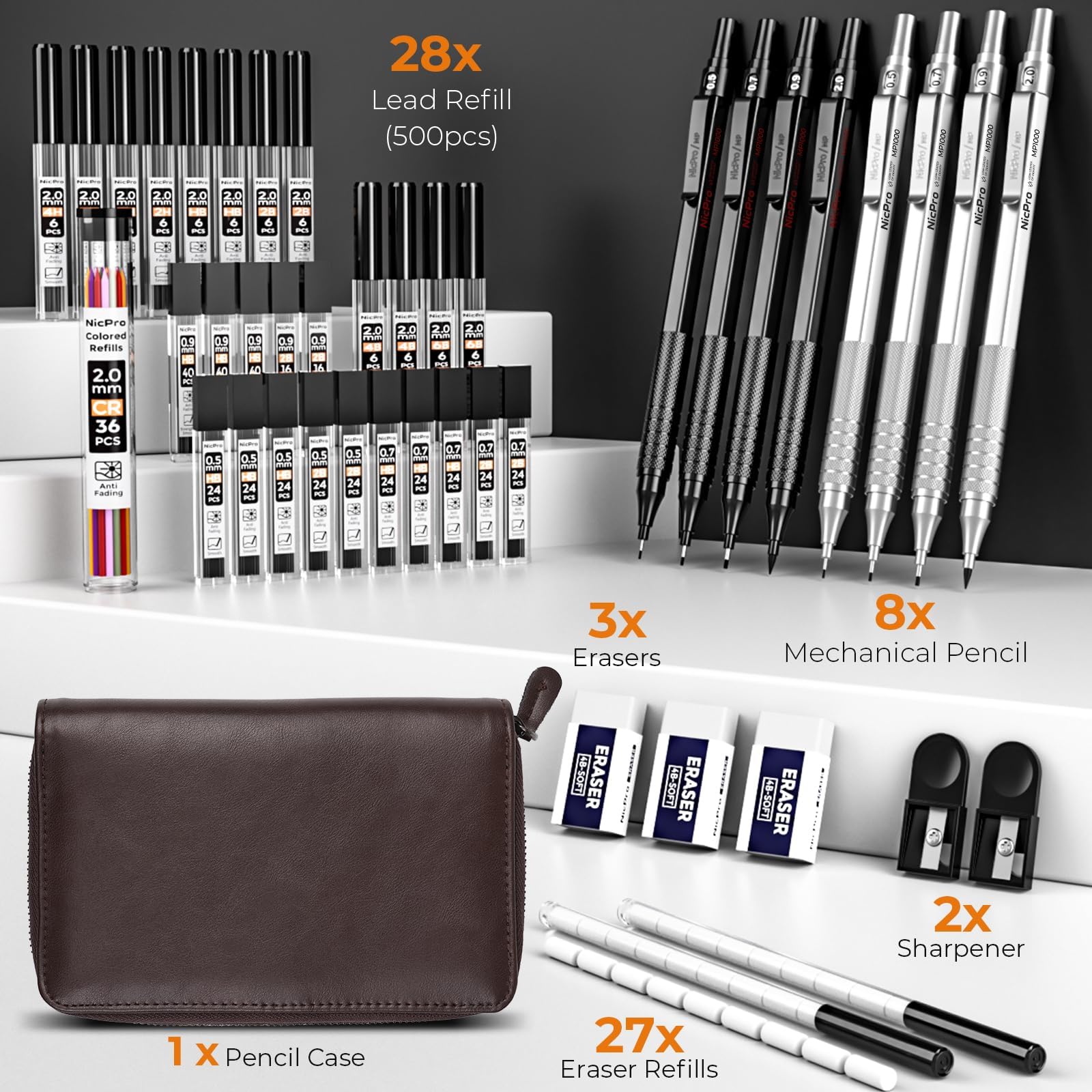 Nicpro 45PCS Black & Silver Metal Mechanical Pencil Set in Leather Case, Art Drafting Pencil 0.5