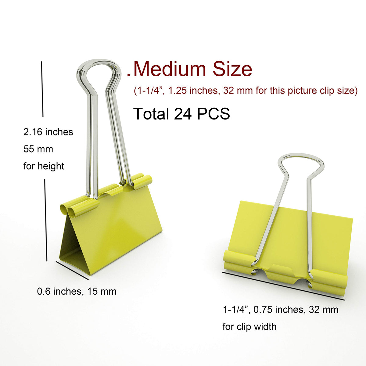 Nctinystore Binder Clips Medium Metal Clamp 1.25 inch / 32 mm (Yellow, 24-PCS)