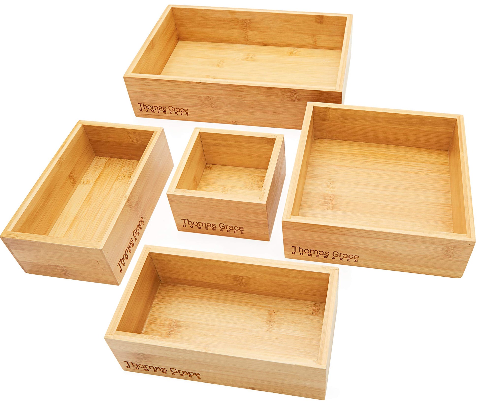 Bamboo Drawer Organizer and Storage Set, Multi-use Set of 5 Storage Trays, Wood Boxes of various