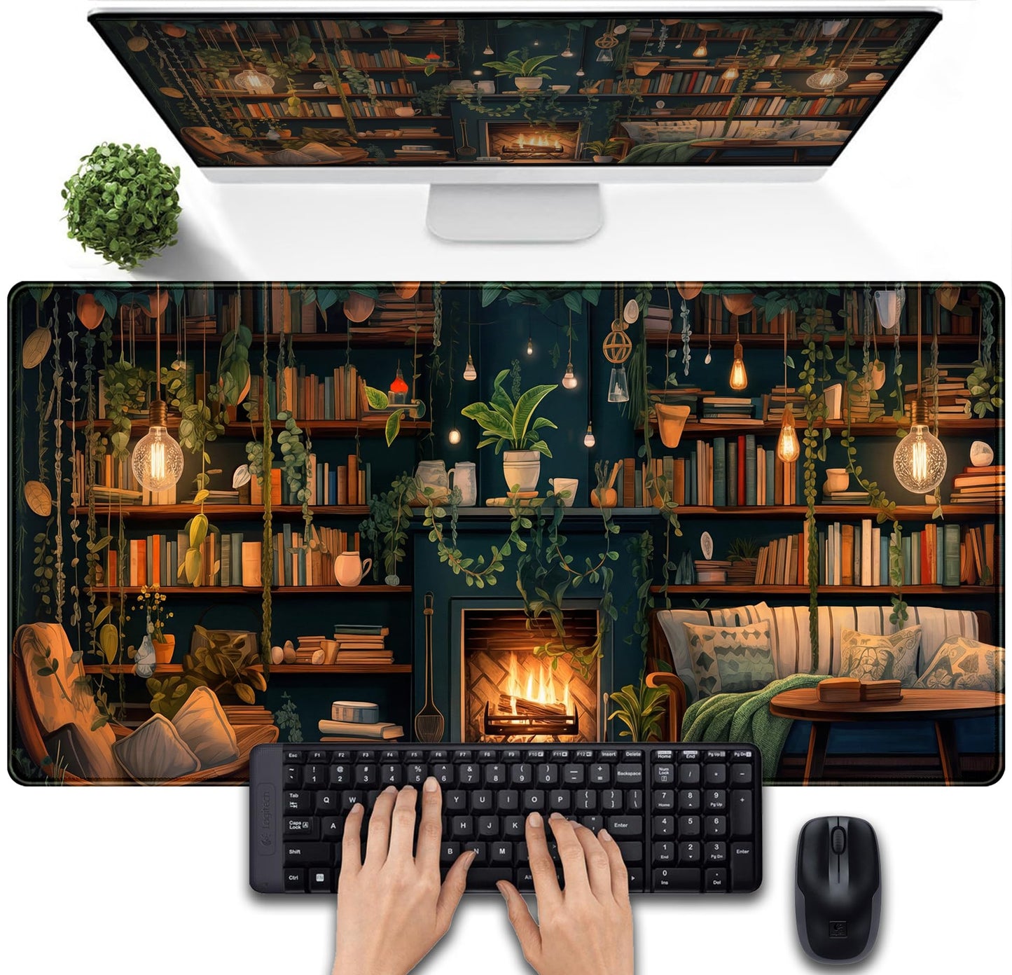 Large Mouse Pad Cozy Library, Extended Full Desk Mouse Mat Gaming Desktop Pad, Computer Keyboard