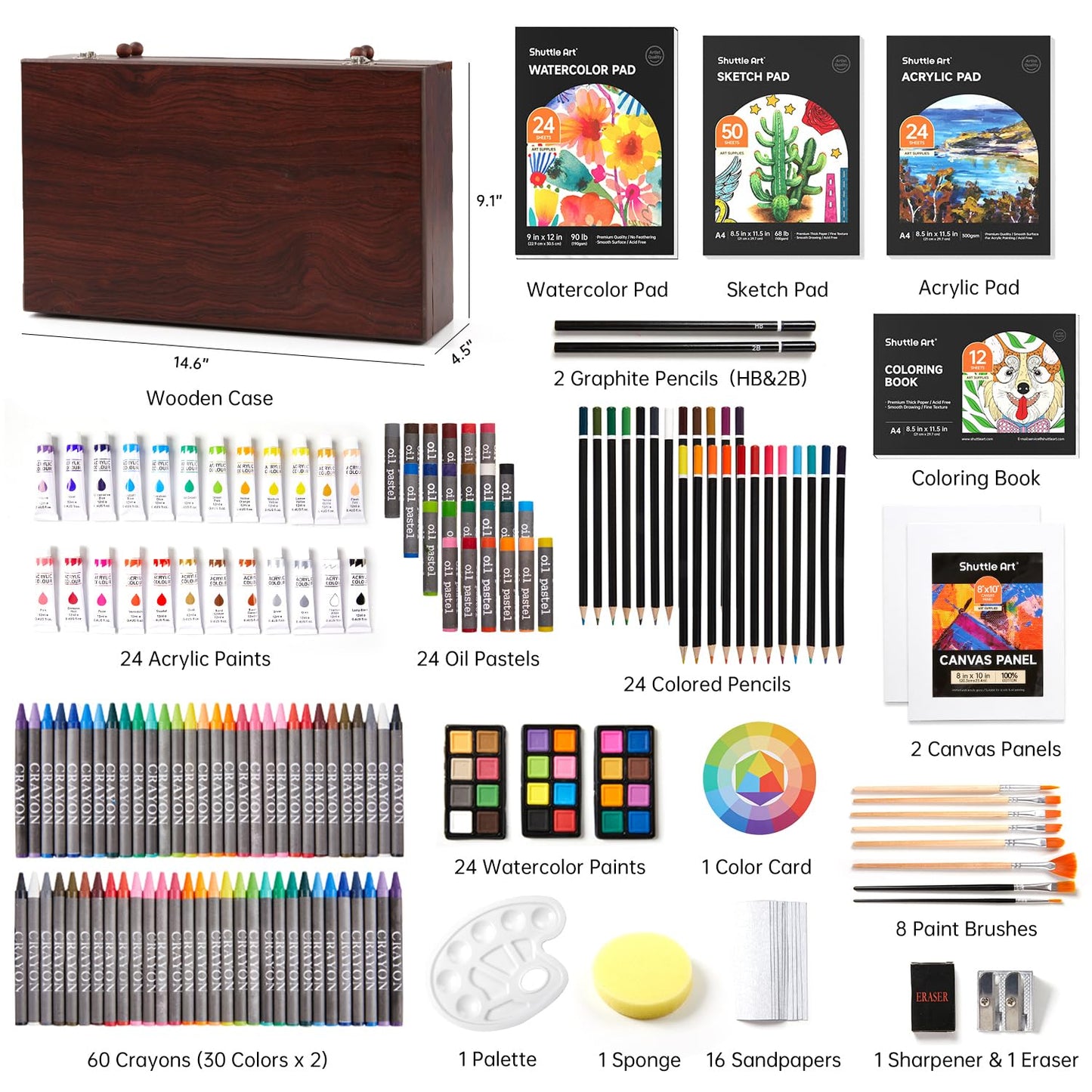 Shuttle Art Deluxe Gift Art Kit, 202-Piece Wooden Art Supplies Set with 4 Drawing Pads, Canvases