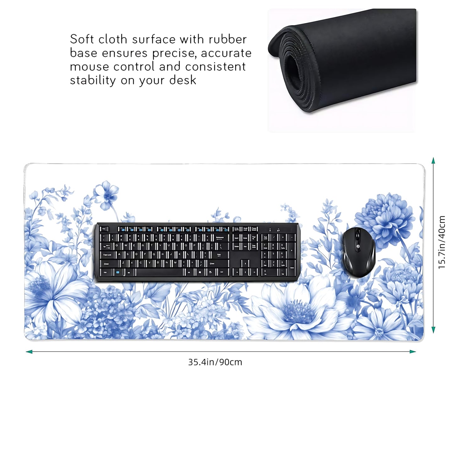 Floral Aesthetic Lotus Gaming Mouse Pad, White Blue Chinoiserie Desk Mat with Anti-Slip Base &