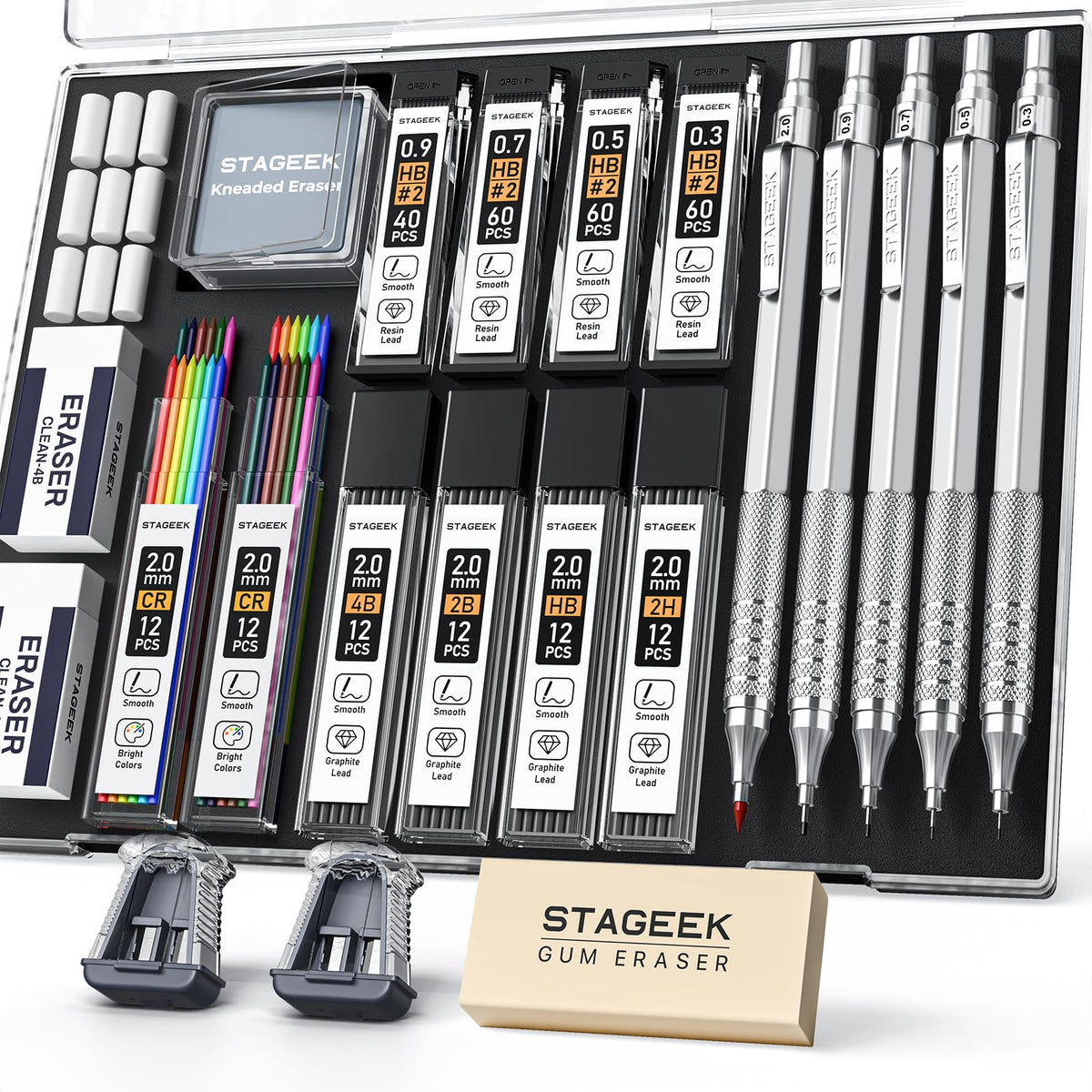 STAGEEK 21PCS Metal Mechanical Pencil Set, Art Lead Pencil 0.3, 0.5, 0.7, 0.9, 2mm Holder(HB 2H 2B