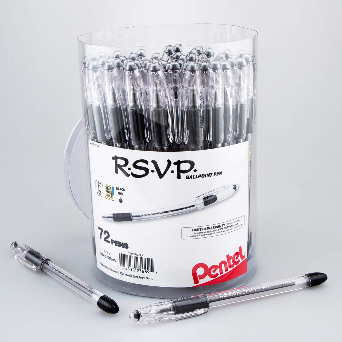 Pentel RSVP Ballpoint Pen, Fine Line, (0.7mm), Black Ink, 72 Pack Canister (BK90PC72A)