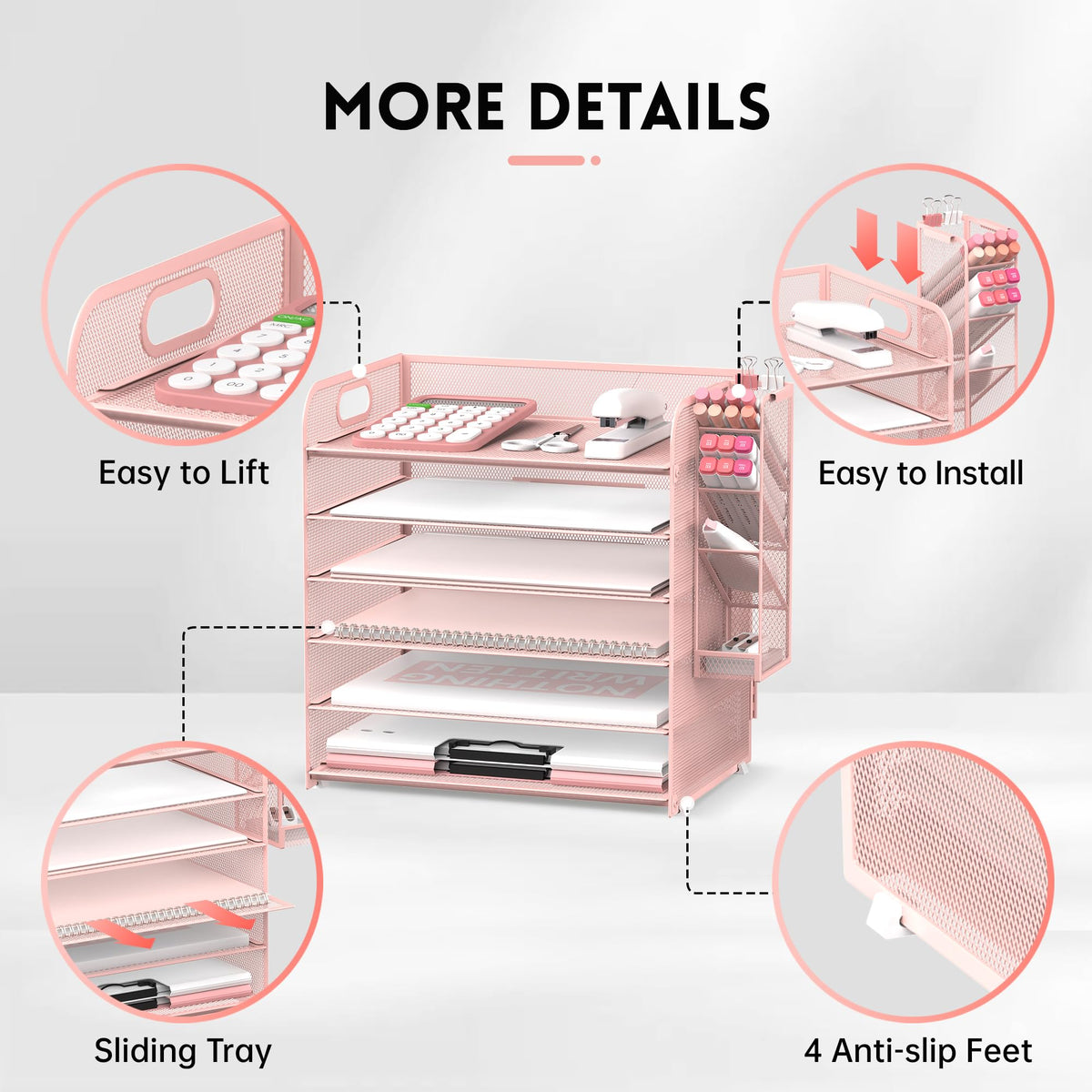 Supeasy 6 Tier Desk Organizer with 4 Pen Holders & Mesh Paper Trays Pink