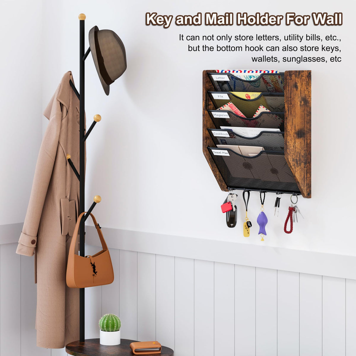 PAG-Mass Wall File Organizer With Hooks, 5 Tier Mesh Mail Organizer Wall Mounted,Hanging File