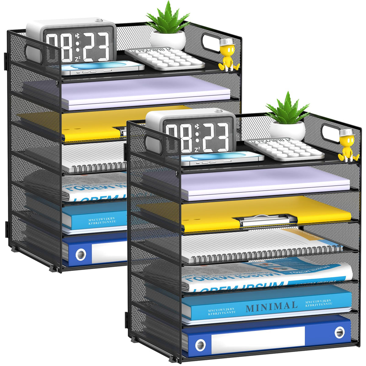 7 Tier Paper Organizer for Desk with Mesh Letter Trays and Handle 2 Pack
