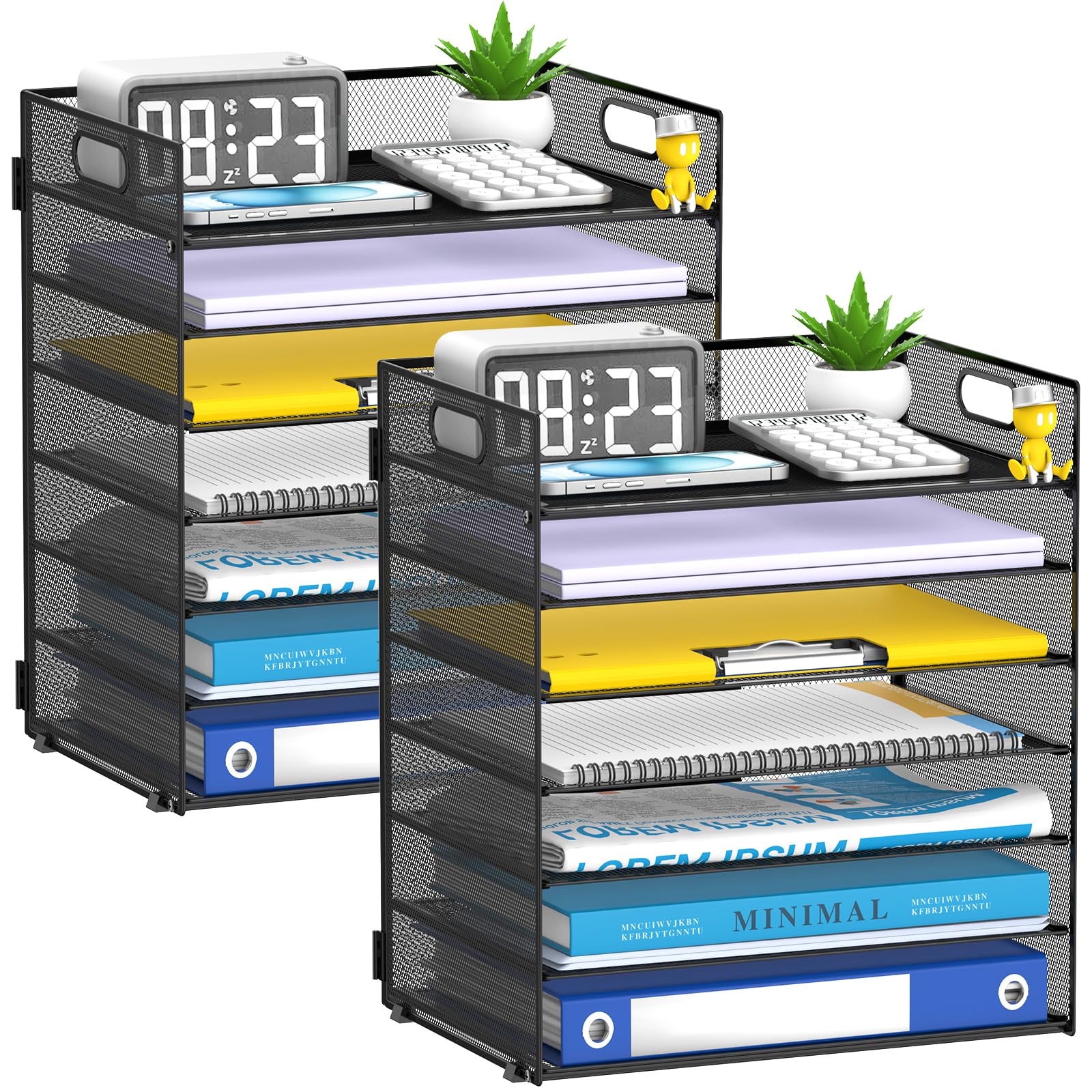 7 Tier Paper Organizer for Desk with Mesh Letter Trays and Handle 2 Pack