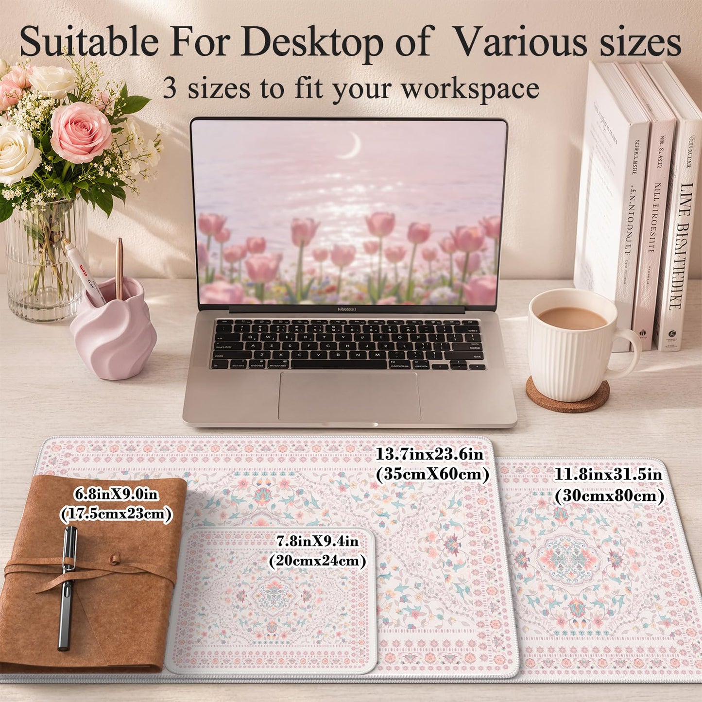 HAOCOO Light Pink Floral Mousepad, 31.5" x 11.8" Keyboard Mat for School