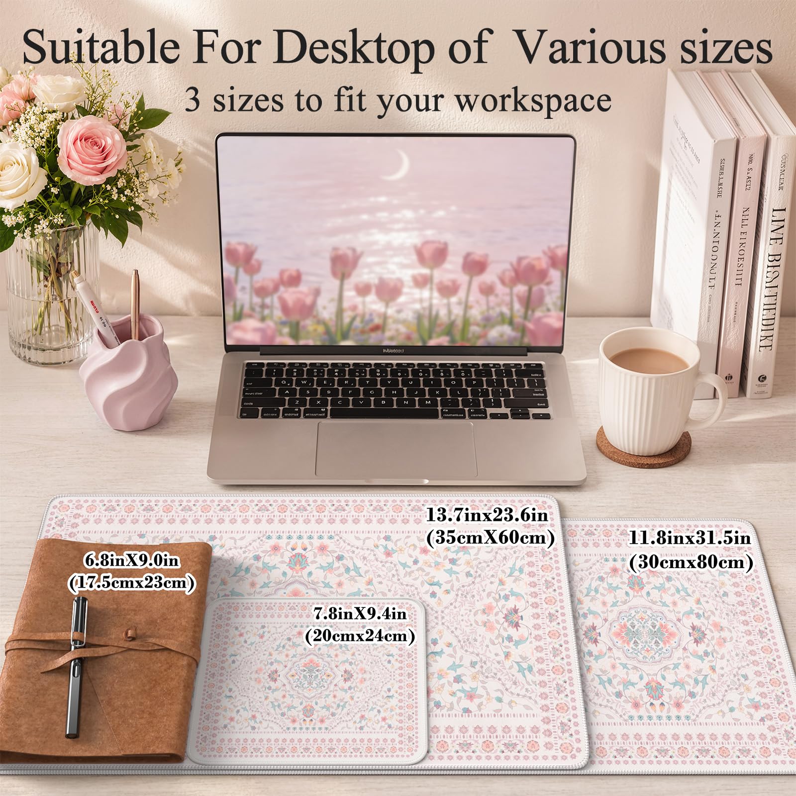 HAOCOO Light Pink Floral Mousepad, 31.5" x 11.8" Keyboard Mat for School