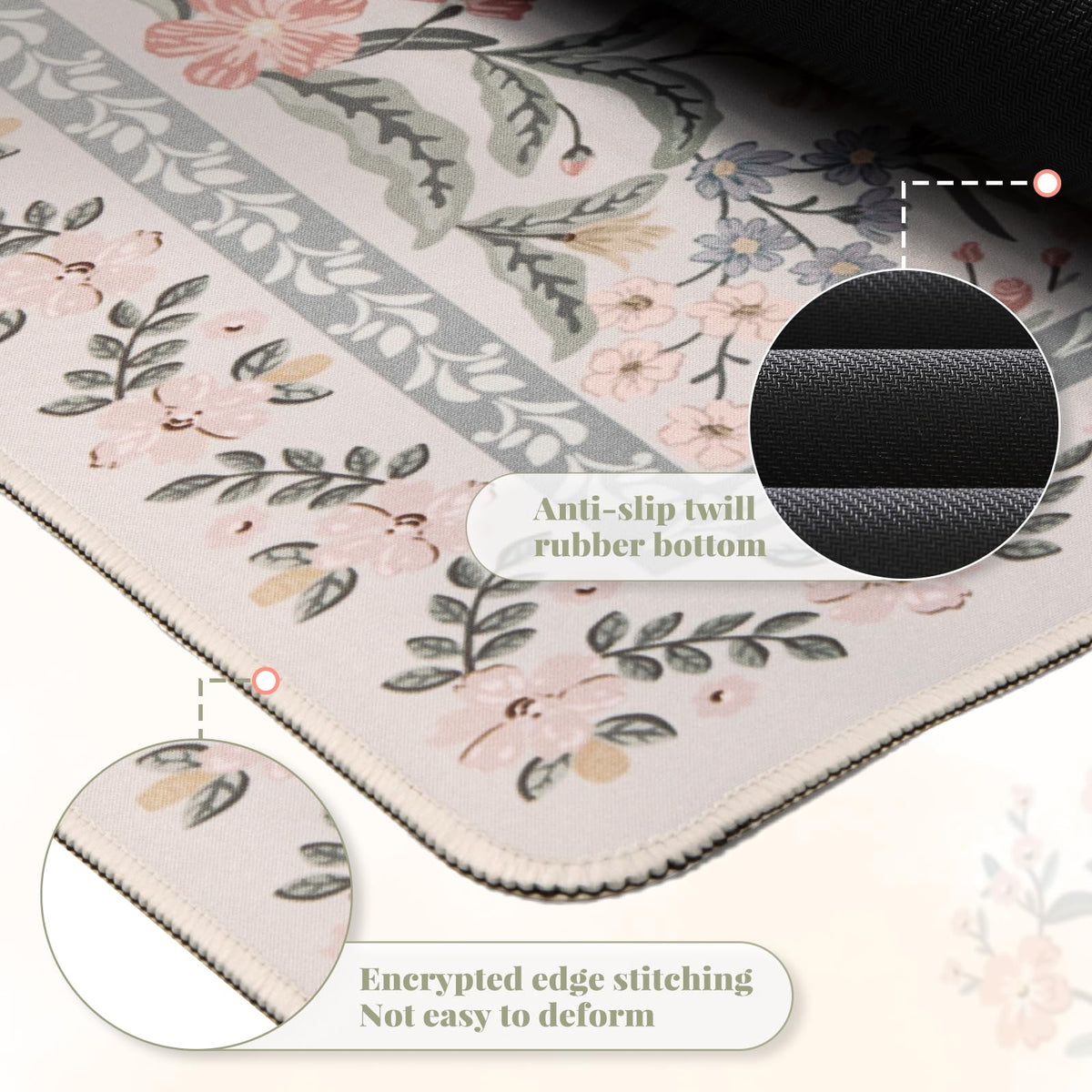 HAOCOO Boho Floral Desk Mat, Vintage Botanical Mouse Pad for Office(Grey)