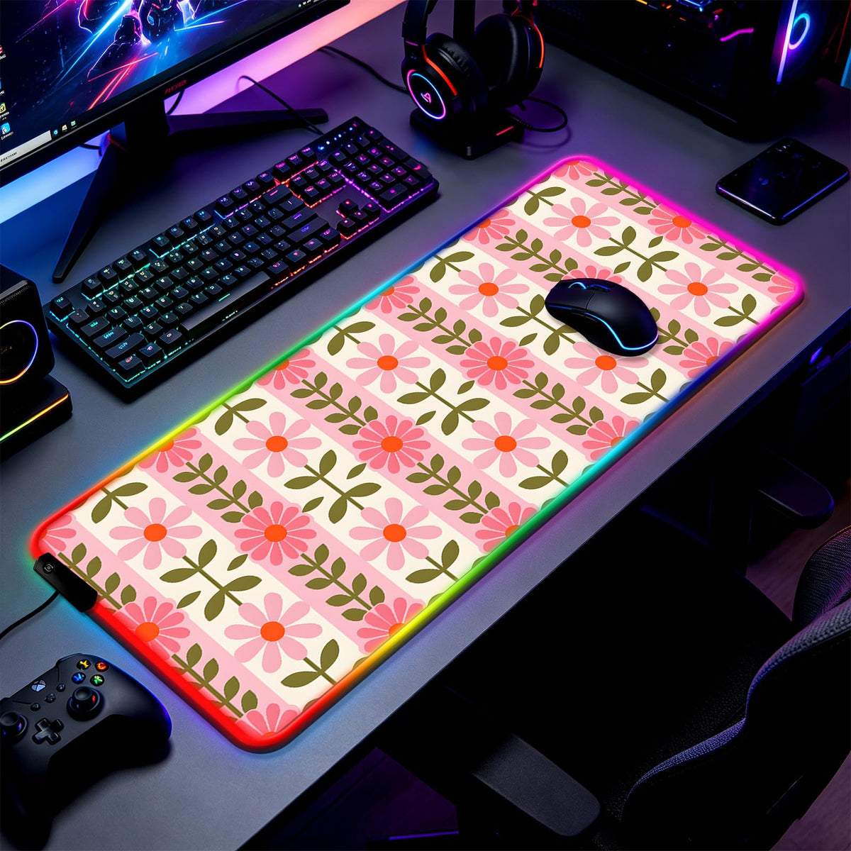 JIANG100 RGB Vintage Pink Flower Gaming Desk Mat, XL Floral Mouse Pad